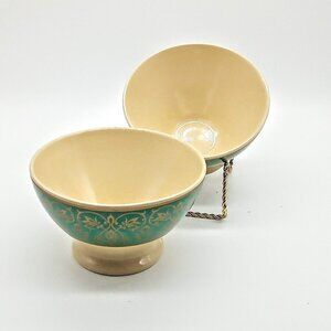 Kiss That Frog Beige Green Stoneware Footed Bowls